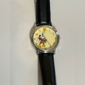 Mickey Mouse Watch with Black Leather Strap